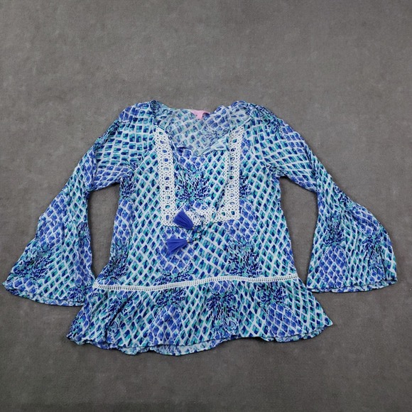 Lilly Pulitzer Tops - Lilly Pulitzer Amisa Top Womens XS Blue Green Boho‎ Peplum Bell Sleeve Tunic